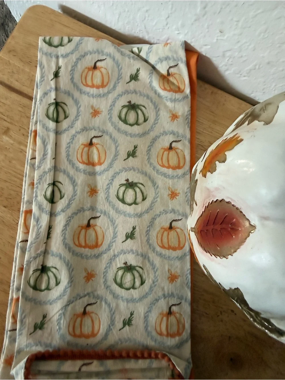 White  Pumpkin with Gold Leaf Accents - Seasonal Home Dining Decor
